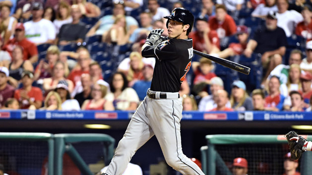 Jul 19, 2016; Philadelphia, PA, USA; Miami Marlins left fielder Christian Yelich (21) watches his RBI single during tenth inning against the Philadelphia Phillies at Citizens Bank Park. The Marlins defeated the Phillies 2-1 in 10 innings. Photo Credit: Eric Hartline-USA TODAY Sports