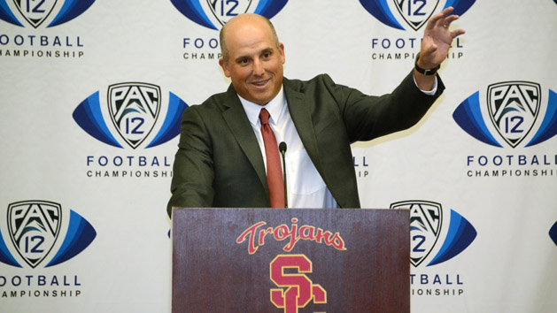 Nov 30, 2015; Los Angeles, CA, USA; Clay Helton addresses the media at press conference to announce his hiring as the Southern California Trojans permanent head coach at John McKay Center. Mandatory Credit: Kirby Lee-USA TODAY Sports