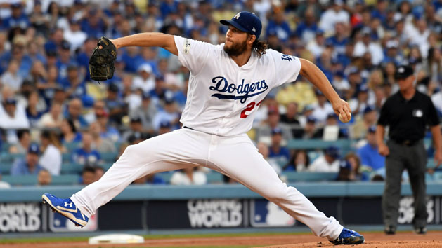 Oct 14, 2017; Los Angeles, CA, USA; Los Angeles Dodgers starting pitcher Clayton Kershaw (22) pitches against the Chicago Cubs in the first inning during game one of the 2017 NLCS playoff baseball series at Dodger Stadium. Photo Credit: Richard Mackson-USA TODAY Sports