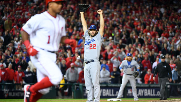 Oct 13, 2016; Washington, DC, USA; Los Angeles Dodgers pitcher Clayton Kershaw (22) celebrates after forcing the last out from Washington Nationals shortstop Wilmer Difo (1) after game five of the 2016 NLDS playoff baseball game at Nationals Park. The Los Angeles Dodgers won 4-3. Photo Credit: Brad Mills-USA TODAY Sports