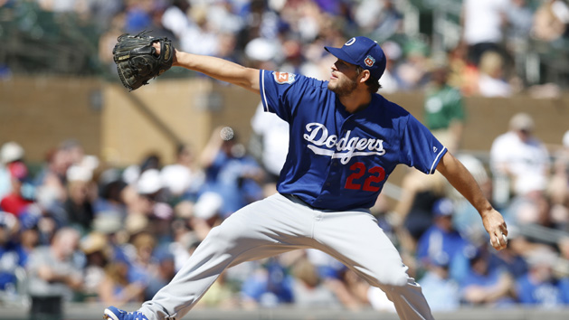 Mar 13, 2016; Salt River Pima-Maricopa, AZ, USA; Los Angeles Dodgers starting pitcher Clayton Kershaw (22) throws the ball in the first inning during a spring training game against the Colorado Rockies at Salt River Fields at Talking Stick. Mandatory Credit: Rick Scuteri-USA TODAY Sports