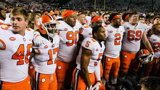 Nov 25, 2017; Columbia, SC, USA; Clemson Tigers celebrate their win over South Carolina Gamecocks at Williams-Brice Stadium. Photo Credit: Jim Dedmon-USA TODAY Sports