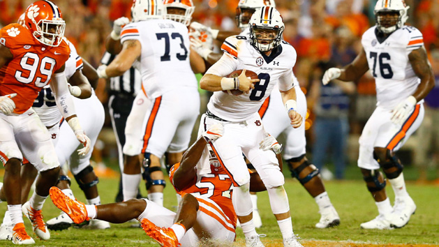 Sep 9, 2017; Clemson, SC, USA; Auburn Tigers quarterback Jarrett Stidham (8) tries to avoid the sack by Clemson Tigers linebacker Tre Lamar (57) during the third quarter at Clemson Memorial Stadium. Photo Credit: Jeremy Brevard-USA TODAY Sports
