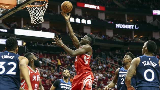 Feb 23, 2018; Houston, TX, USA; Houston Rockets center Clint Capela (15) attempts to score a basket during the first quarter against the Minnesota Timberwolves at Toyota Center. Photo Credit: Troy Taormina-USA TODAY Sports