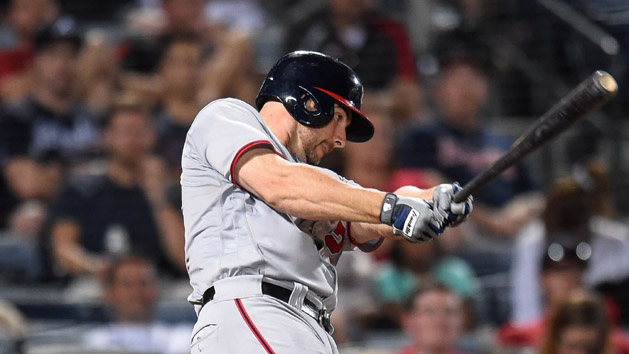 Aug 19, 2016; Atlanta, GA, USA; Washington Nationals first baseman Clint Robinson (25) drives in the go ahead run with a base hit against the Atlanta Braves during the ninth inning at Turner Field. The Nationals defeated the Braves 7-6. Photo Credit: Dale Zanine-USA TODAY Sports