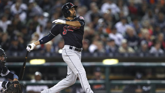 Sep 26, 2016; Detroit, MI, USA; Cleveland Indians left fielder Coco Crisp (4) gets a hit during the eighth inning against the Detroit Tigers at Comerica Park. The Indians won 7-4 to clinch the AL Central Division title. Photo Credit: Raj Mehta-USA TODAY Sports