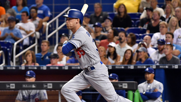 Jul 15, 2017; Miami, FL, USA; Los Angeles Dodgers first baseman Cody Bellinger (35) connects for a base hit in the first inning against the Miami Marlins at Marlins Park. Photo Credit: Steve Mitchell-USA TODAY Sports