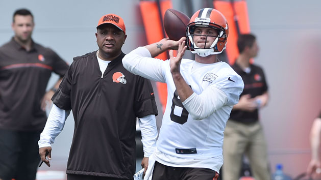 Jun 13, 2017; Berea, OH, USA; Cleveland Browns head coach Hue Jackson watches as quarterback Cody Kessler (6) throws a pass during minicamp at the Cleveland Browns training facility. Photo Credit: Ken Blaze-USA TODAY Sports