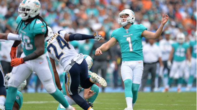 Sep 17, 2017; Carson, CA, USA; Miami Dolphins kicker Cody Parkey (1) follows through on a field goal during the first quarter against the Los Angeles Chargers at StubHub Center. Photo Credit: Jake Roth-USA TODAY Sports