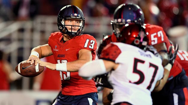 Oct 1, 2016; Mobile, AL, USA; South Alabama Jaguars quarterback Cole Garvin (13) drops back to pass against the San Diego State Aztecs in the first quarter at Ladd-Peebles Stadium. Photo Credit: