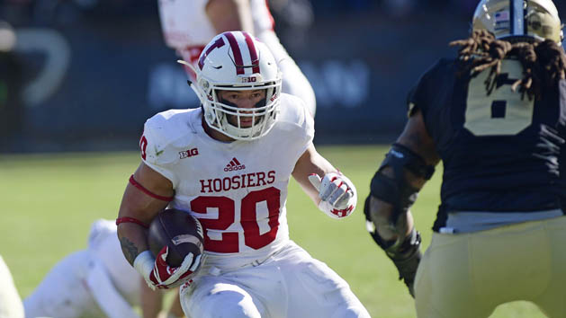 Nov 25, 2017; West Lafayette, IN, USA; Indiana Hoosiers running back Cole Gest (20) runs past Purdue Boilermakers linebacker T.J. McCollum (6) in the second quarter at Ross-Ade Stadium. Photo Credit: Thomas J. Russo-USA TODAY Sports