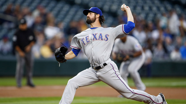 Sep 8, 2015; Seattle, WA, USA; Texas Rangers pitcher Cole Hamels (35) throws against the Seattle Mariners during the first inning at Safeco Field. Mandatory Credit: Joe Nicholson-USA TODAY Sports