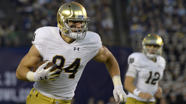 Oct 27, 2018; San Diego, CA, USA; Notre Dame Fighting Irish tight end Cole Kmet (84) runs after a catch during the second quarter against the Navy Midshipmen at SDCCU Stadium. Photo Credit: Jake Roth-USA TODAY Sports