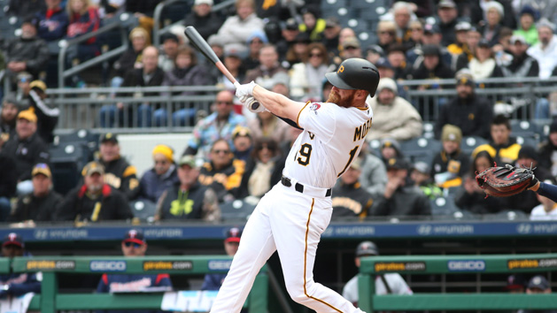 Apr 2, 2018; Pittsburgh, PA, USA; Pittsburgh Pirates third baseman Colin Moran (19) hits a grand slam home run against the Minnesota Twins during the first inning at PNC Park. Photo Credit: Charles LeClaire-USA TODAY Sports