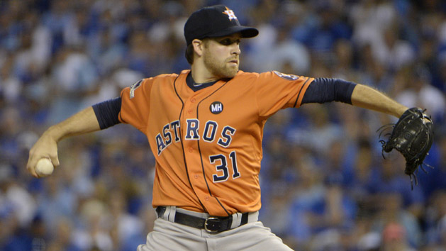 Oct 8, 2015; Kansas City, MO, USA; Houston Astros starting pitcher Collin McHugh throws a pitch against the Kansas City Royals in the first inning in game one of the ALDS at Kauffman Stadium. Mandatory Credit: John Rieger-USA TODAY Sports