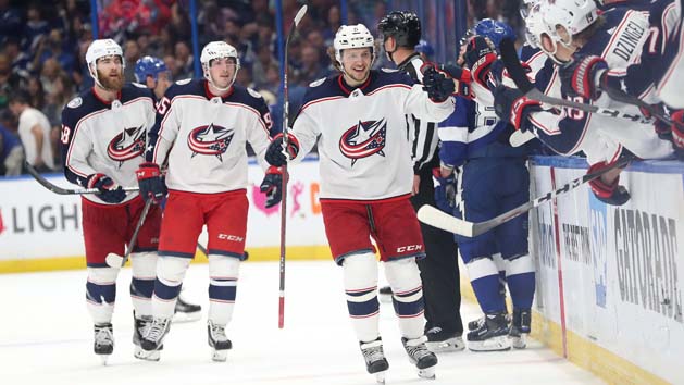 Apr 12, 2019; Tampa, FL, USA; Columbus Blue Jackets left wing Artemi Panarin (9) scores a goal during the third period of game two of the first round of the 2019 Stanley Cup Playoffs against the Tampa Bay Lightning at Amalie Arena. Photo Credit: Kim Klement-USA TODAY Sports