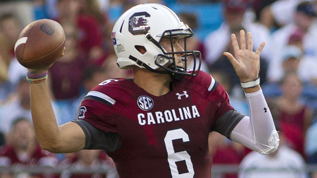 Sep 3, 2015; Charlotte, NC, USA; South Carolina Gamecocks quarterback Connor Mitch (6) looks to pass the ball during the second quarter against the North Carolina Tar Heels at Bank of America Stadium. Mandatory Credit: Joshua S. Kelly-USA TODAY Sports