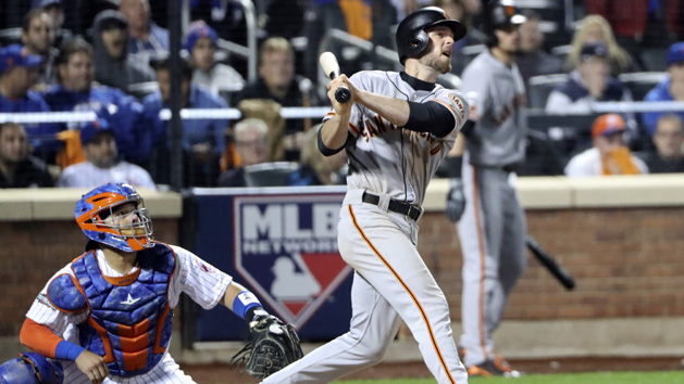 Oct 5, 2016; New York City, NY, USA; San Francisco Giants third baseman Conor Gillaspie (21) hits a three run home run during the ninth inning against the New York Mets in the National League wild card playoff baseball game at Citi Field. PhotoCredit: Anthony Gruppuso-USA TODAY Sports