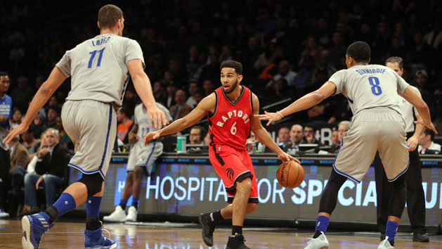 Jan 17, 2017; Brooklyn, NY, USA; Toronto Raptors point guard Cory Joseph (6) controls the ball against Brooklyn Nets center Brook Lopez (11) and Brooklyn Nets point guard Spencer Dinwiddie (8) during the first quarter at Barclays Center. Photo Credit: Brad Penner-USA TODAY Sports
