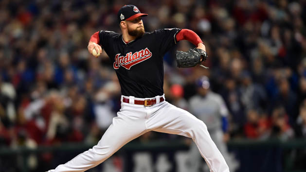 Oct 25, 2016; Cleveland, OH, USA; Cleveland Indians starting pitcher Corey Kluber throws a pitch against the Chicago Cubs in the first inning in game one of the 2016 World Series at Progressive Field. Photo Credit: Ken Blaze-USA TODAY Sports