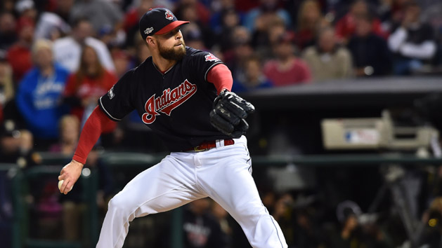 Oct 14, 2016; Cleveland, OH, USA; Cleveland Indians starting pitcher Corey Kluber throws a pitch against the Toronto Blue Jays in the first inning in game one of the 2016 ALCS playoff baseball series at Progressive Field. Photo Credit: Ken Blaze-USA TODAY Sports