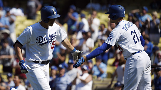 Jun 5, 2016; Los Angeles, CA, USA; Los Angeles Dodgers shortstop Corey Seager (5) celebrates with right fielder Trayce Thompson (21) after a solo home run against the Atlanta Braves during the seventh inning at Dodger Stadium. Photo Credit: Kelvin Kuo-USA TODAY Sports