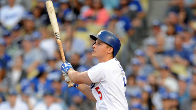 September 5, 2016; Los Angeles, CA, USA; Los Angeles Dodgers shortstop Corey Seager (5) hits a three run home run in the fifth inning against Arizona Diamondbacks at Dodger Stadium. Photo Credit: Gary A. Vasquez-USA TODAY Sport