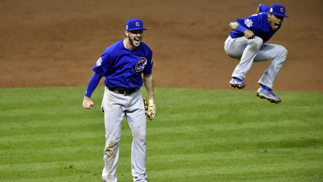 Nov 2, 2016; Cleveland, OH, USA; Chicago Cubs third baseman Kris Bryant (left) and shortstop Addison Russell (right) celebrate after defeating the Cleveland Indians in game seven of the 2016 World Series at Progressive Field. Photo Credit: David Richard-USA TODAY Sports