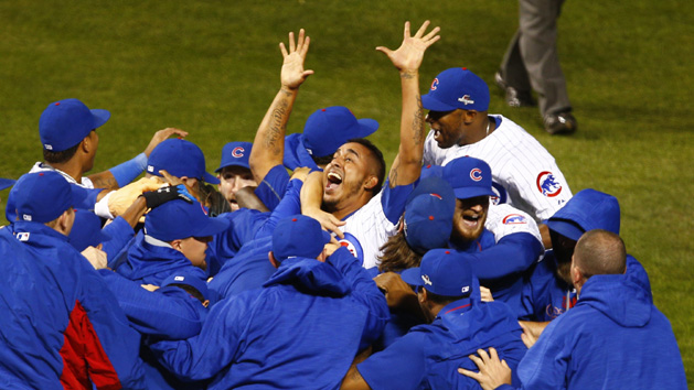 Oct 13, 2015; Chicago, IL, USA; The Chicago Cubs celebrate after defeating the St. Louis Cardinals 6-4 in game four of the NLDS at Wrigley Field. Mandatory Credit: Caylor Arnold-USA TODAY Sports