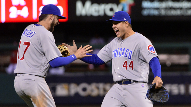 Sep 27, 2017; St. Louis, MO, USA; Chicago Cubs first baseman Anthony Rizzo (44) third baseman Kris Bryant (17) after the Cubs defeated the St. Louis Cardinals and clinched the NL Central Division at Busch Stadium. Photo Credit: Jeff Curry-USA TODAY Sports