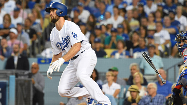 Oct 15, 2017; Los Angeles, CA, USA; Los Angeles Dodgers second baseman Charlie Culberson (37) hits a double against the Chicago Cubs in the fifth inning during game two of the 2017 NLCS playoff baseball series at Dodger Stadium. Photo Credit: Jayne Kamin-Oncea-USA TODAY Sports