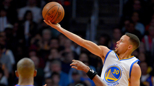 Feb 20, 2016; Los Angeles, CA, USA; Golden State Warriors guard Stephen Curry (30) shoots over Los Angeles Clippers forward Paul Pierce (34) in the second half of the game at Staples Center. The Warriors won 115-112. Mandatory Credit: Jayne Kamin-Oncea-USA TODAY Sports