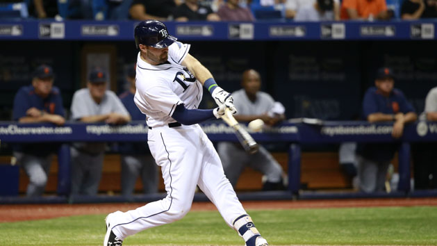Jul 27, 2015; St. Petersburg, FL, USA; Tampa Bay Rays catcher Curt Casali (19) singles during the sixth inning against the Detroit Tigers at Tropicana Field. Photo Credit: Kim Klement-USA TODAY Sports