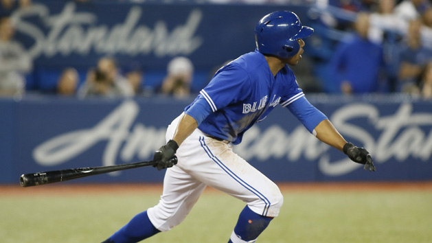 Apr 18, 2018; Toronto, Ontario, CAN; Toronto Blue Jays left fielder Curtis Granderson (18) hits a grand slam homerun against the Kansas City Royals during the eighth inning at Rogers Centre. Toronto defeated Kansas City. Photo Credit: John E. Sokolowski-USA TODAY Sports