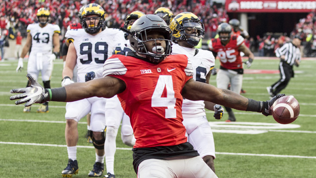 Nov 26, 2016; Columbus, OH, USA; Ohio State Buckeyes running back Curtis Samuel (4) celebrates after scoring the game winning touchdown against the Michigan Wolverines in the second overtime at Ohio Stadium. Ohio State won the game 30-27 in double overtime. Photo Credit: Greg Bartram-USA TODAY Sports