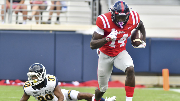 Sep 22, 2018; Oxford, MS, USA; Mississippi Rebels wide receiver D.K. Metcalf (14) runs the ball against the Kent State Golden Flashes during the third quarter at Vaught-Hemingway Stadium. Photo Credit: Matt Bush-USA TODAY Sports