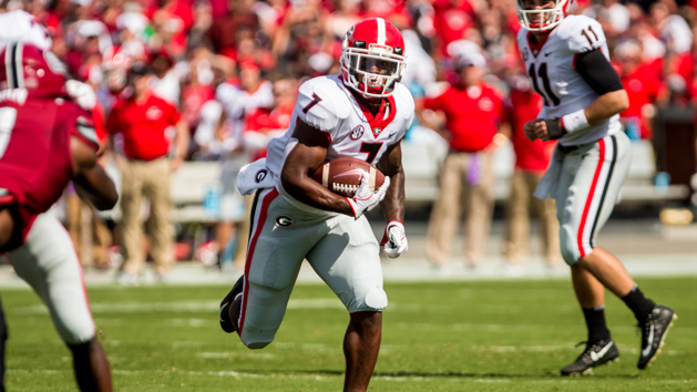 Sep 8, 2018; Columbia, SC, USA; Georgia Bulldogs running back D'Andre Swift (7) runs for a touchdown against the South Carolina Gamecocks in the first half at Williams-Brice Stadium. Photo Credit: Jeff Blake-USA TODAY Sports