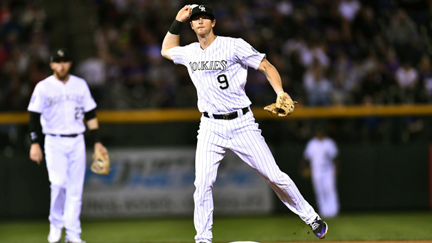 Sep 24, 2018; Denver, CO, USA; Colorado Rockies second baseman DJ LeMahieu (9) throws to first base in the fifth inning against the Philadelphia Phillies at Coors Field. Photo Credit: Ron Chenoy-USA TODAY Sports