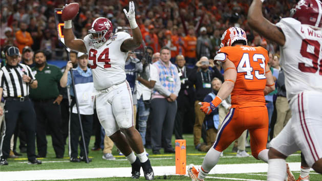 Jan 1, 2018; New Orleans, LA, USA; Alabama Crimson Tide defensive lineman Da'Ron Payne (94) catches a touchdown pass during the third quarter against the Clemson Tigers in the 2018 Sugar Bowl college football playoff semifinal game at Mercedes-Benz Superdome. Photo Credit: Chuck Cook-USA TODAY Sports