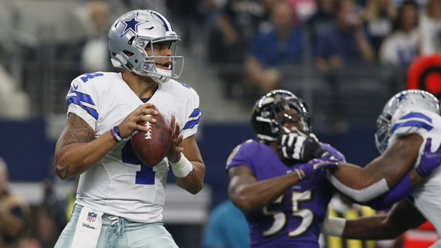 Nov 20, 2016; Arlington, TX, USA; Dallas Cowboys quarterback Dak Prescott (4) looks to throw from the pocket in the first quarter against the Baltimore Ravens at AT&T Stadium. Photo Credit: Tim Heitman-USA TODAY Sports