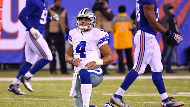 Dec 11, 2016; East Rutherford, NJ, USA; Dallas Cowboys quarterback Dak Prescott (4) after missing a 3rd down attempt forcing a punt in the 1st half at MetLife Stadium. Photo Credit: Robert Deutsch-USA TODAY Sports