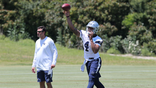 May 6, 2016; Irving, TX, USA; Dallas Cowboys quarterback Dak Prescott (4) throws during rookie minicamp at Dallas Cowboys headquarters at Valley Ranch. Mandatory Credit: Matthew Emmons-USA TODAY Sports