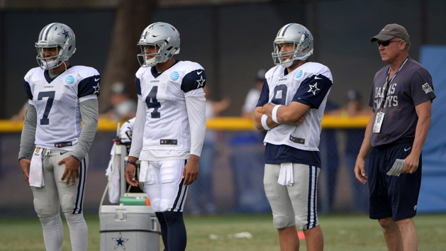 Dallas Cowboys quarterbacks Jameill Showers (7), Dak Prescott (4) and Tony Romo (9) and quarterbacks coach Wade Wilson at training camp at the River Ridge Fields. Photo Credit: Kirby Lee-USA TODAY Sports