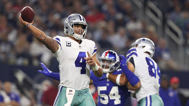 Sep 10, 2017; Arlington, TX, USA; Dallas Cowboys quarterback Dak Prescott (4) throws in the pocket in the third quarter against the New York Giants at AT&T Stadium. Photo Credit: Matthew Emmons-USA TODAY Sports