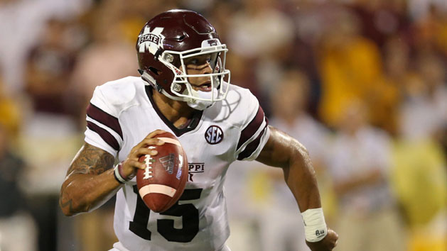 Sep 5, 2015; Hattiesburg, MS, USA; Mississippi State Bulldogs quarterback Dak Prescott (15) looks to throw in the second half of their game against the Southern Miss Golden Eagles at M.M. Roberts Stadium. Mississippi State won, 34-16. Mandatory Credit: Chuck Cook-USA TODAY Sports