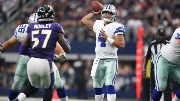 Nov 20, 2016; Arlington, TX, USA; Dallas Cowboys quarterback Dak Prescott (4) throws in the pocket in the fourth quarter against the Baltimore Ravens at AT&T Stadium. Mandatory Credit: Matthew Emmons-USA TODAY Sports