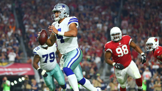 Sep 25, 2017; Glendale, AZ, USA; Dallas Cowboys quarterback Dak Prescott scrambles in the second half against the Arizona Cardinals at University of Phoenix Stadium. Photo Credit: Mark J. Rebilas-USA TODAY Sports
