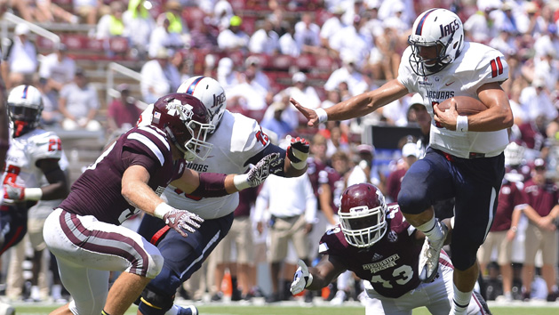 Sep 3, 2016; Starkville, MS, USA; South Alabama Jaguars quarterback Dallas Davis (11) runs the ball during the fourth quarter of the game against the Mississippi State Bulldogs at Davis Wade Stadium. South Alabama won 21-20. Photo Credit: Matt Bush-USA TODAY Sports