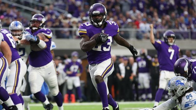 Oct 1, 2017; Minneapolis, MN, USA; Minnesota Vikings running back Dalvin Cook (33) scores against the Detroit Lions in the first half at U.S. Bank Stadium. Photo Credit: Reese Strickland-USA TODAY Sports
