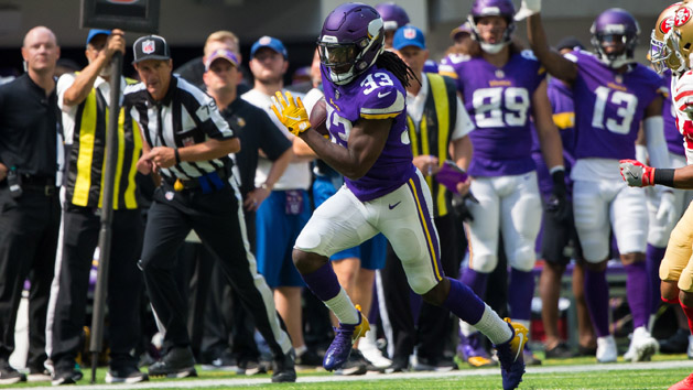 Sep 9, 2018; Minneapolis, MN, USA; Minnesota Vikings running back Dalvin Cook (33) runs with the ball in the second quarter against s` at U.S. Bank Stadium. Photo Credit: Brad Rempel-USA TODAY Sports